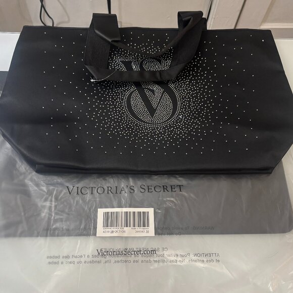 NWT Victoria's Secret Black Front Rhinestone Sparkled Lined Zip Large Tote Bag - Picture 4 of 15